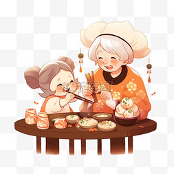 桌子前面图片_手绘元素新年奶奶和孩子做糕点卡