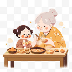 奶奶孙女手绘图片_手绘新年奶奶和孩子做糕点卡通元