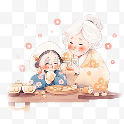 新年奶奶和孩子卡通手绘做糕点元