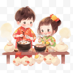 包饺子卡通图片_卡通新年情侣做糕点手绘元素