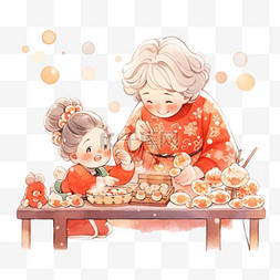新年卡通奶奶和孩子元素做糕点手