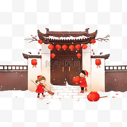 嬉闹图片_新年门庭灯笼孩子手绘卡通元素