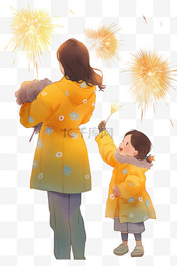 看天空孩子图片_新年手绘元素母子放烟花卡通