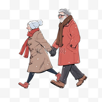 老人牵手冬天卡通手绘元素