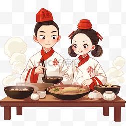 包饺子背景图片_新年情侣做糕点手绘卡通元素