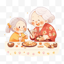 奶奶孙女手绘图片_新年手绘奶奶和孩子做糕点卡通元