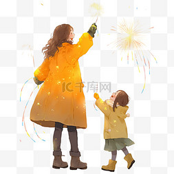 白色天空背景图片_新年卡通手绘母子放烟花元素