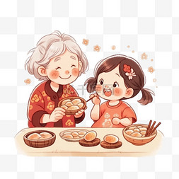 有孩子图片_新年奶奶和孩子做糕点卡通元素手