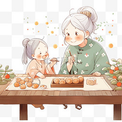 卡通手绘新年奶奶和孩子做糕点元