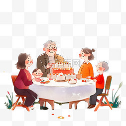 奶奶院子图片_新年团圆家人聚餐卡通手绘元素