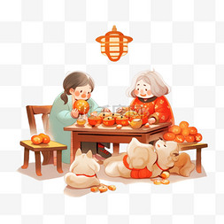 母女包饺子卡通手绘元素新年