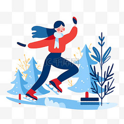 冬天滑冰手绘女孩卡通元素