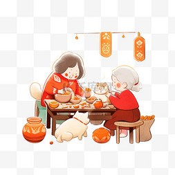 母女新年包饺子卡通手绘元素
