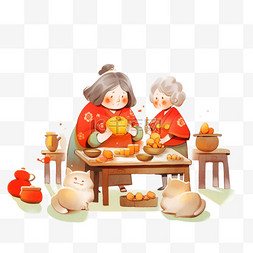 包饺子背景图片_手绘新年母女包饺子卡通元素