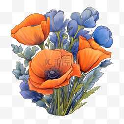 特色花卉蓝桔元素手绘免扣图案