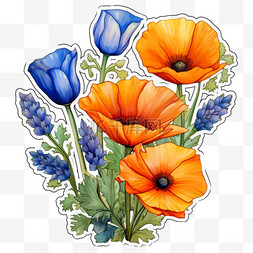 艺术花卉蓝桔元素手绘免扣图案