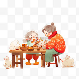 母女包饺子卡通手绘新年元素