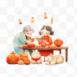 包饺子背景图片_新年包饺子母女卡通手绘元素