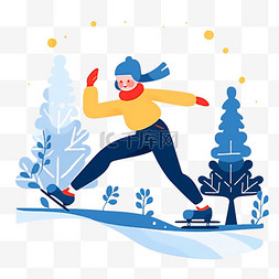 冬天红色植物图片_卡通冬天滑冰女孩手绘元素