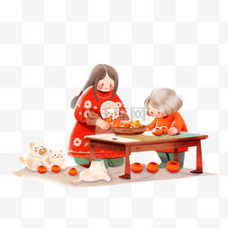 包饺子卡通图片_新年手绘元素母女包饺子卡通