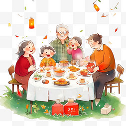 妈妈孩子开心的图片_卡通新年家人团圆聚餐手绘元素