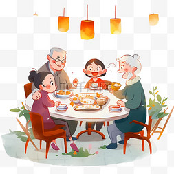 在桌子旁边图片_新年家人团圆卡通聚餐手绘元素