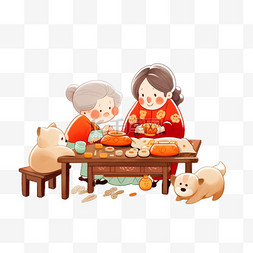 母女包饺子新年卡通手绘元素