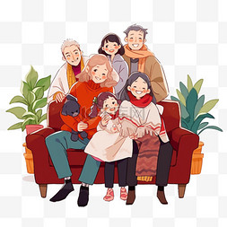 白色沙发背景图片_新年团聚家人卡通手绘元素