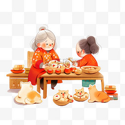 新年卡通母女包饺子手绘元素