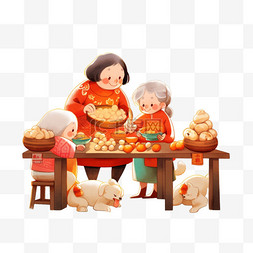 母女包饺子卡通新年手绘元素