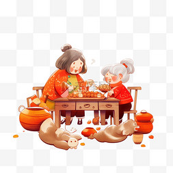 卡通新年母女包饺子手绘元素