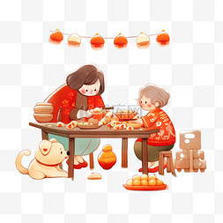 包饺子卡通图片_新年母女卡通包饺子手绘元素