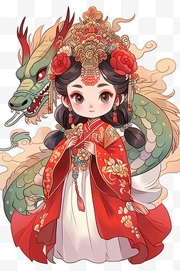 女孩节图片_新年卡通龙年古典女孩手绘元素