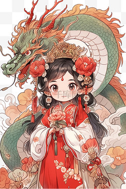 线描卡通女孩图片_新年龙年古典女孩手绘元素卡通