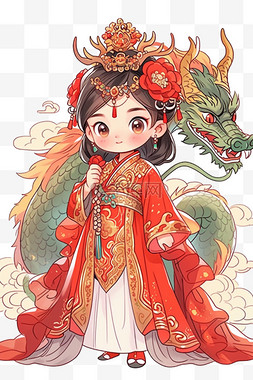 是中国图片_龙年古典女孩卡通手绘新年元素