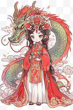 头饰卡通图片_新年卡通手绘龙年古典女孩元素