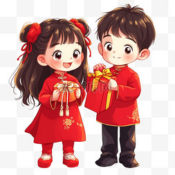 红色背景白色礼盒图片_新年卡通手绘可爱孩子礼物元素