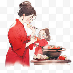 美食喜庆背景图片_母女美食新年卡通手绘元素