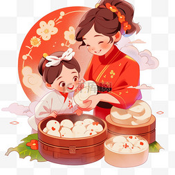喜庆年夜饭图片_新年母女美食手绘元素卡通