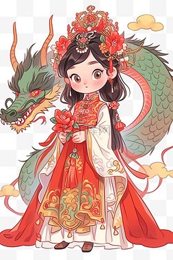 线描手绘女孩图片_龙年古典女孩卡通新年手绘元素