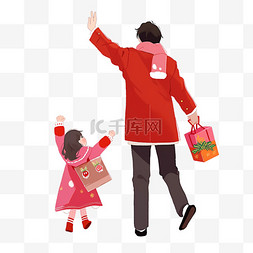 父亲和孩子的背影图片_手绘年货节父子购物简约元素