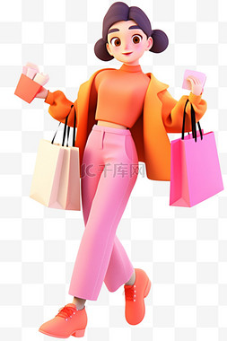 粉色购物背景图片_时尚女孩年货节购物3d免抠元素