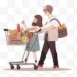 逛超市的情侣图片_卡通年货节情侣购物元素