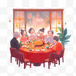 窗户背景图片_新年家人手绘团圆插画元素