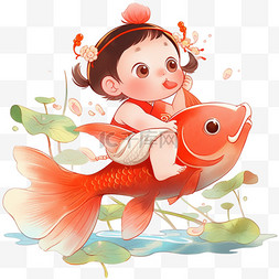 红色边条图片_手绘新年年画可爱孩子鲤鱼卡通元