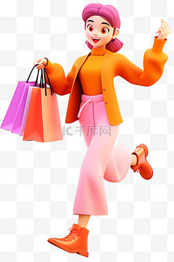 粉色立体数字4图片_年货节免抠元素时尚女孩购物3d元
