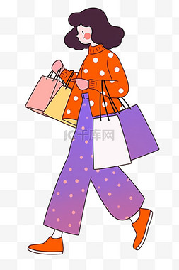橙色衣服的女孩图片_购物时尚电商女孩卡通手绘元素