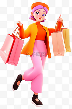 粉色立体数字4图片_年货节时尚女孩购物免抠3d元素