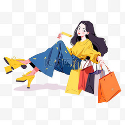黄色电商背景图片_电商手绘年货节购物女孩卡通元素