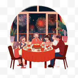 窗外背景图片_家人团圆手绘插画新年元素
